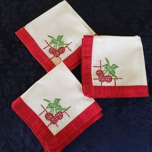 Lot of 3 VTG Hand Embroidered Table Topper Napkins Placemat Cherry Red White VTG